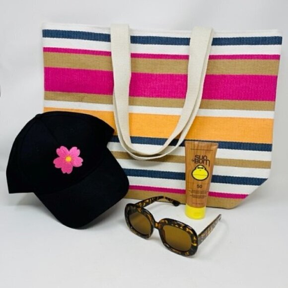 Sunbum SPF 50 Sunscreen, Beach Tote, flowered baseball cap, tortoise sunglasses - Picture 3 of 3
